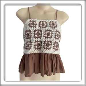 Rebellion Again Crochet Crop Top Ruffle Hem Spaghetti Strap Tan Size Small